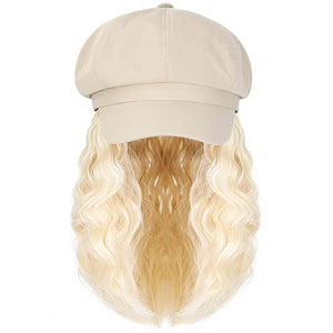 YEKEYI Beret Hat with Hair Newsboy Cap with Bob Hair Extensions Hat Wig Visor Beret Short Curly Wavy Hairpiece for Women