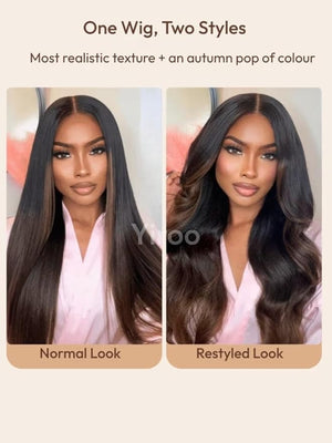 YIROO Chestnut Brown Ombre Yaki Straight 13x4 Pre Everything Frontal Glueless Wig Human Hair Pre Plucked Pre CutBye bye Knots Wear and Go Drawstring Wigs Beginner Friendly 150% Density 20Inch