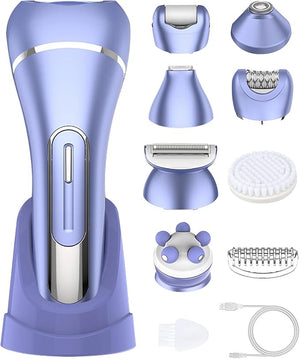 Epilator for Women, 7 in 1 Replaceable Hair Removal &amp; Massager &amp; Cleaner Devices, Bikini Trimmer, Face Massage, Face Exfoliating Brush, Foot Callus Remover, IPX7 Waterproof Razors (Purple)