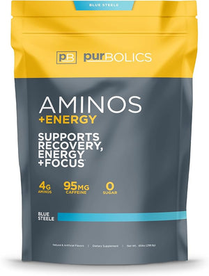 Purbolics Aminos + Energy | Supports Recovery Energy &amp Focus | 95mg of Caffeine 0 Calories &amp 60 Servings (Blue Steele)