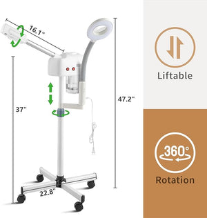 Professional Facial Steamer2 in 1 Facial Steamer on WheelsEsthetician Facial SteamerFace Steamer for Personal Skin Care Deep Cleaningwith 3X Magnifying Lampfor Spa Salon and at Home Use (White)