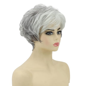 SEVENCOLORS Short Grey Wigs for White Women Pixie Cut Gray Wigs with Bangs Natural Curly Synthetic Hair Short Mixed White Wig for Older Women