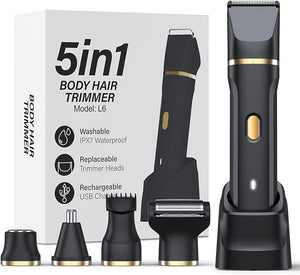 5-in-1 Bikini Trimmer for Women, IPX7 Waterproof Electric Razors Shaver, Cordless Body Hair Trimmer, Facial &amp; Pubic Hair Removal, Ceramic Blade (Black)