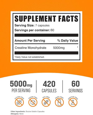 BulkSupplements.com Creatine Monohydrate Capsules - Micronized Creatine Pills - Gluten Free 7 Capsules per Serving (5000mg) 420 Count (Pack of 1)