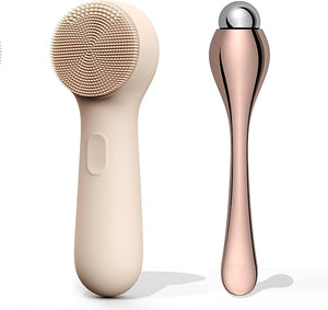 N?graCoola CLIE 2.0 Silicone Face Scrubber Facial Cleansing Brush Rechargeable Waterproof Face Scrub Brush for Deep Cleansing Exfoliating Massage with Eye Roller for Women and Men - Oat
