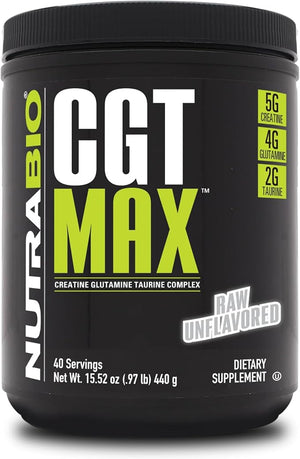 NutraBio CGT-MAX Powder- Creatine Glutamine and Taurine to Support Muscle Recovery and Strength - 40 Servings - Unflavored