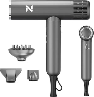 Ionic Salon Hair Dryer with 3 Attachments, 1600W Professional Blow Dryer with 110000RPM High Speed Brushless Motor for Fast Drying, Lightweight, Low Noise, Locking Function, Medium Gray