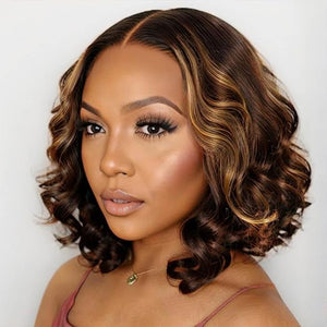 ISEE Wear Go Glueless Wigs Human Hair Pre Plucked Pre Cut Short Bob Body Wave Lace Front Wigs Human Hair for Women Upgraded Glueless Bob Wig 7x5 HD Lace Closure Wigs (Highlight Ombre 16 Inch)