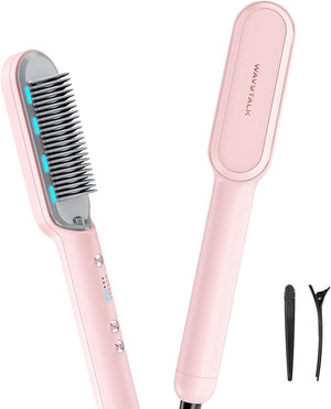 Wavytalk Hair Straightener Brush Sleek Sweep Ionic Straightening Brush with 6 Temperature Adjust Anti-Scald Ceramic Straightening Comb Fast Heating for Home Salon Dual Voltage Pink.