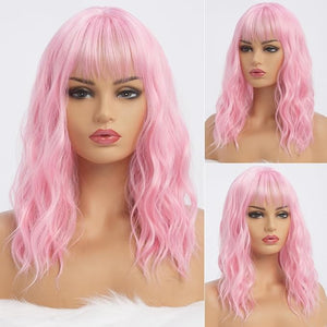 Pink Wigs with Bangs for Women Synthetic 16 inch Medium Length Wigs with Natural Long Wavy Fringe Bang wig Heat Resistant Hair for Daily Party Use(Pink)