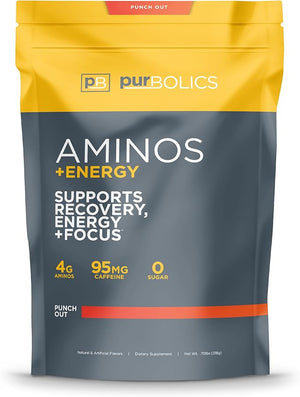 Purbolics Aminos + Energy | Supports Recovery Energy &amp Focus | 95mg of Caffeine 0 Sugar &amp 60 Servings (Punch Out)