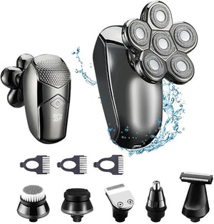 Electric Shaver Multi-Functional Head Hair Trimmer for Shaving, Full-Body Water wash, six Blades, USB Charging, Silver Color