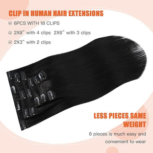 Black Hair Extensions Clip in Real Human Hair 120g 14 Inches 100% Remy Human Hair Natural Black Straight Double Weft for Full Head 7pcs 16clips One Pack
