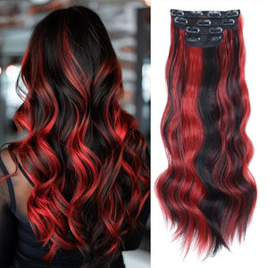 Vigorous Clip in Hair Extensions 24Inch Black with Red Highlights Hair Extension Clip Ins 4Pcs Long Wavy Soft Synthetic Hairpieces for Women Girls Daily Use Event Party Use