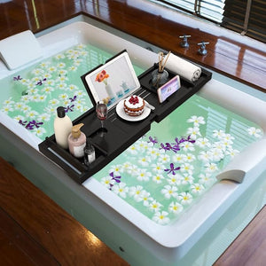 Bamboo Bathtub Tray for Luxury Bathroom Expandable Premium Bath Tray w/Soap Towel Book Holder Adjustable Bath Accessories for TubExtendable Tub Tray with Wine Glass Cup Organizer 29.5-43.3 Black