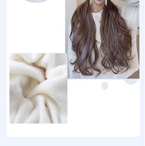 Woman Wig Winter Beanie Hat Wig Extension Long Wavy Curly Wig with Plush Knitted Hat Warm Wig