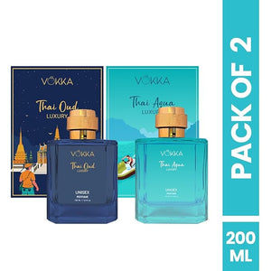 VO..KKA Thai Oud and Thai Aqua Luxury Unisex Perfume Set 100ml Each Navy Blue and Turquoise Glass Bottles 2 x 100ml