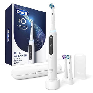 Oral-B iO Deep Clean + Whiten Rechargeable Electric Toothbrush with Visible Pressure Sensor 2 Minute Timer 5 Cleaning Settings 1 iO5 Limited 3 Toothbrush Heads Travel Case &amp Refill Holder Wh
