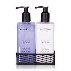 Pecksniff's Handwash Soap and Lotion Set, Stress Reducing, Aromotherapy Cleanser That Leaves Hands Soft and Lightly Scented (Lavender and White Tea, Black Caddy)