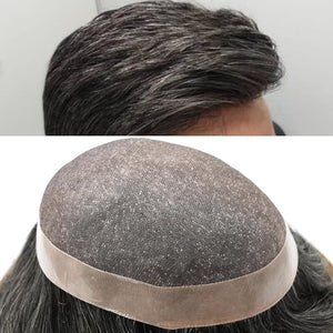 LYRICAL HAIR Toupee for Men Hair System Replacement Monofilament Mens Toupee Hairpiece Durable Poly Coated NPU Around Wig for Men Human Hair Piece Unit 120% Density 7X9 #350 Dark Brown+50% Gray