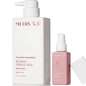 MEDIX Fragrance Free Firming Retinol Body Lotion + 3% Hyaluronic Acid Serum Booster 2pc Skin Care Set | Crepey Skin Care Treatment | Anti Aging Body Cream &amp Face Moisturizer For Crepe Skin &amp D