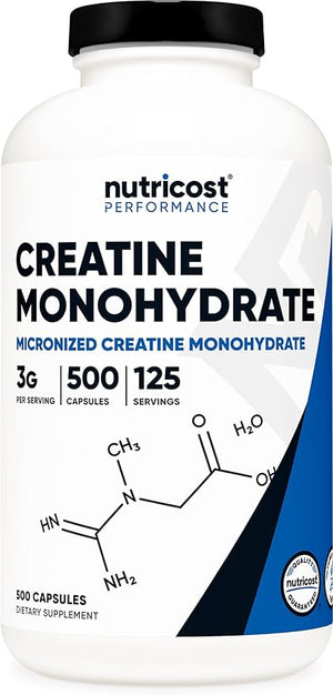 Nutricost Micronized Creatine Monohydrate 3000mg 500 Capsules 125 Servings 750mg of Creatine Monohydrate Per Capsule