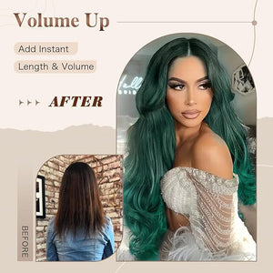 Dark Green Wig Long Layered Wavy Green Wigs with Curtain Bangs for Black White Women Synthetic Long Wavy Layered Natural Curly Wigs Heat Resistant for Daily Party Use 24Inch(GREEN)