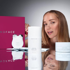NuFACE MINI+ Microcurrent Facial Device Ultimate Uplift Holiday Kit - Brilliant White Face Sculpting &amp Contouring Device with Aqua Gel Power Patches Prep-N-Glow Skin Care Wipes &amp Luxe Gift B