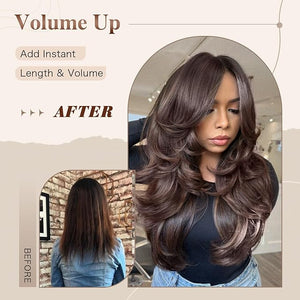 Dark Brown Long Wigs for Women Layered Wavy Wig with Curtain Bang Synthetic Dark Brown Wavy Natural Looking Layered Butterfly Blonde Hair for Black White Women Daily Party Use 4# 24Inch