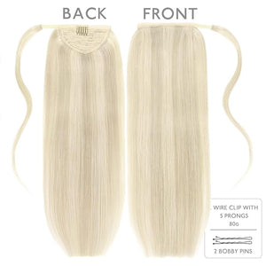 WENNALIFE Ponytail Hair Extension 20 Inch 90g Ash Blonde Highlighted Platinum Blonde Ponytail Extension Human Hair Clip in Wrap Around Remy Human Hair Extension Hairpieces Real Human Hair