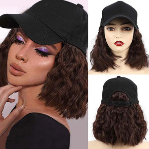Hat Wig for Women Short Wave Baseball Cap Wig with Curly Synthetic Hair Extensions 14inch Wavy Curly Bob Wig Sun hat