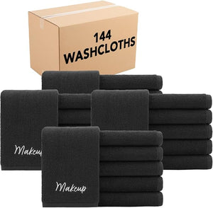 Arkwright Makeup Towels - Bulk Case of 144 - Super Soft 100% Cotton Gentle &amp Lightweight Face Make Up Remover Washcloths Guest Essentials for Hosts &amp Artists 13 x 13 in Black