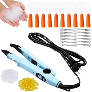 Hair Extensions Iron Fusion Keratin Hair Extensions Heat Tool Heat Connector Wand with Fusion Glue Protector Template Hair Clip Finger Protector 2 Bag Keratin Glue Granule Bead(Sky Blue)