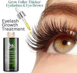 JSK Organic Castor Oil for Hair Growth Eyelash Serum USDA Certified Cold-Pressed Unrefined Hair Oil 100% Pure Hexane-Free 3.3 Oz Glass Bottle with Bonus Silk Hair Bonnet