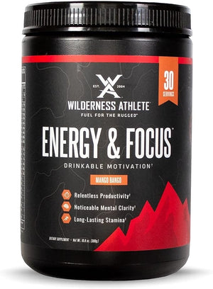 Wilderness Athlete - Energy &amp; Focus | Energy Booster for Women &amp; Men - Energy Drink Mix with Natural Caffeine - Low-Carb, Zero Sugar Energy Drink Powder - 30 Serving Energy Drink Tub (Mango Ba
