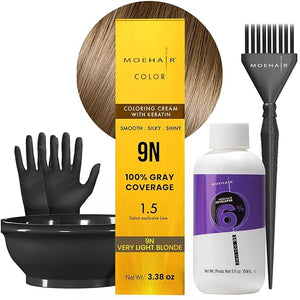MOEHAIR Hair Coloring Kit | 9N Permanent Hair Color (Very Light Blonde) 20 Volume Developer 6% Coloring Brush Gloves &amp Mixing Bowl | Keratin Infused Color | Gray Coverage | Adds Shines &amp So
