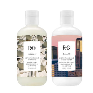 R+Co Dallas Biotin Thickening Shampoo &amp Conditioner Set + Deluxe Sample (0.5oz) | Adds Volume Strength &amp Fullness | Sulfate-Free Vegan + Cruelty-Free | 8.5oz (Pack of 2)