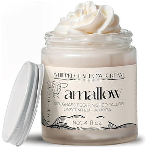 Amallow 100% Grass Fed Beef Tallow for Skin Care - Face + Body - Whipped Moisturizer for Sensitive Skin - Natural Lotion 4 FL. oz. (Unscented + Jojoba Oil)