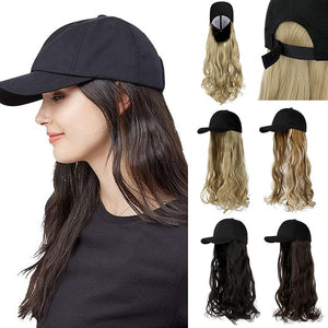 Baseball Hat WigHat with Hair attached 24'' Adjustable Black Cap with Long Wavy Synthetic Hair Extensions for Women Girls(Wine Red)