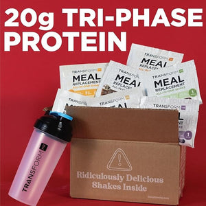 TransformHQ Meal Replacement Shake Variety Box With Blue Shaker 7 Single-Serving Shake Packs