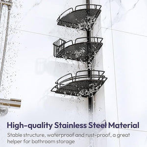 SWTYMIKI Shower Caddy Tension Pole - 4-Tier Corner Shower Organizer Tension Rod Toothbrush Holder &amp 4 Hooks Adjustable Stainless Steel Bathroom Organizer 27.6 to 108.3 inch Black with Towel Bar