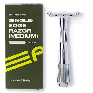 Leaf Shave | Leaf Thorn Razor, All-Metal Single Blade Razor for Men &amp; Women, Fixed Head with Magnetic Load Assist, Includes 5 Stainless Steel Blades, Face Shaving and Coarser Hair - Chrome
