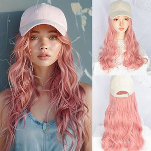 Long Wavy Pink Wig with White Baseball Cap Heat Resistant Synthetic Hair Extension Natural Looking Curls for Cosplay