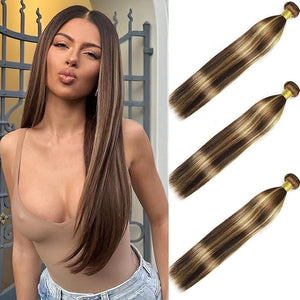 Highlight Straight Human Hair Bundles 16 18 20 Inch Brazilian Remy Virgin 10A Straight 3 Bundles Human Hair Hair Extensions Bundles P4/27 Highlight