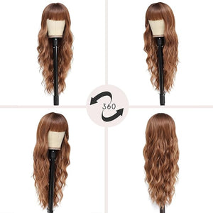 NAYOO Brown Wigs with Bangs for Women Long Curly Wavy Hair Wigs Heat Resistant Synthetic Fiber Wigs for Daily Party Use 26 Inches (Light Brown)