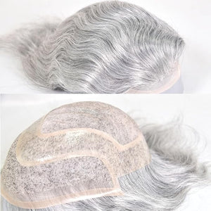 Men's Toupee 10¡¿8 European Virgin Human Hair Toupee Hair pieces for Men Thin Skin Hair Replacement System Lace Front+ Mono Net with PU around Base for Men (#1b mix 80% grey synthetic hair)