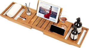 Expandable Teak Bathtub Tray - Luxury Wooden Bath Caddy &amp; Tub Shelf, Over-The-Tub Bath Table with Book &amp; Wine Glass Holder, Waterproof Bathroom Organizer for Spa Experience
