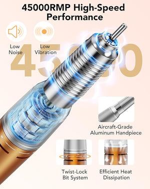 Professional Nail Drill with Foot Pedal Nail E File 45000 RPM Speed Electric Nail Filer for Acrylic Nails F/R Rotation 65W Power Quite Nail Drill Machine for Women Orange