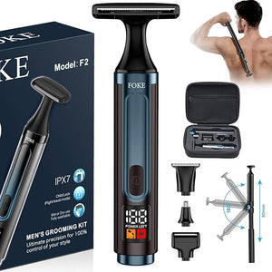 FOKE Back Shaver for Men Ultra-Wide 1.8 T-Shaped Head Travel Case LED 4 in 1 Mens Back Shaver Rechargeable with Long Handle Safety Lock IPX7 Multi-Functional Back Trimmer for Men (Steel Blue)