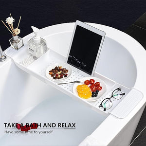 Bath Tub Tray - Stretchable, Strong Load-Bearing, Plastic, Anti-Slip Design - Ultimate Bathtub Caddy Tray (White)